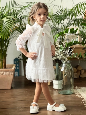 Платье для девочки нарядное БУШОН ST50, цвет белый, бант, горошек/однотонный
