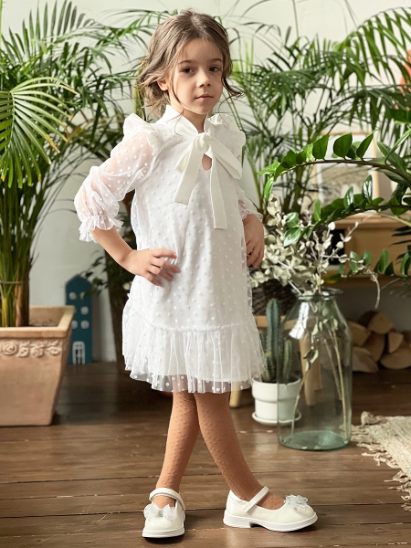 Платье для девочки нарядное БУШОН ST50, цвет белый, бант, горошек/однотонный - Платья коктельные / вечерние