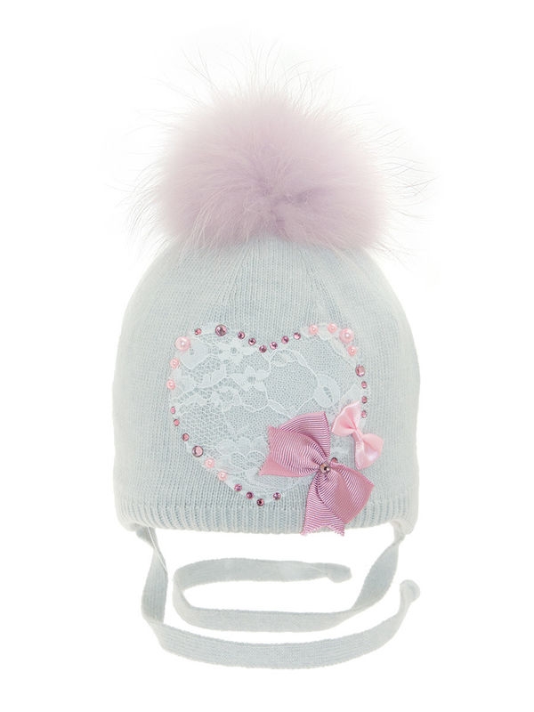 Шапка для девочки Анна-Мария, Миалт бледно-голубой/светло-серый, зима - Шапочки на завязках