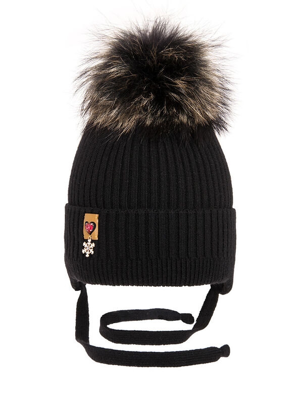 Шапка для девочки Декабрина, Миалт черный, зима - С меховым помпоном