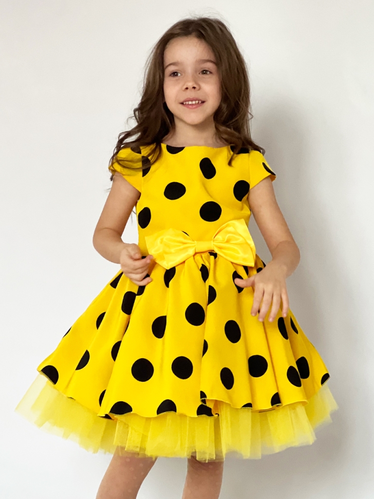 Платье для девочки нарядное БУШОН ST44, стиляги, цвет желтый, принт крупный горох - Платья СТИЛЯГИ