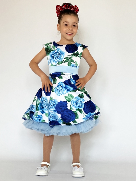 Платье для девочки нарядное БУШОН ST30, стиляги, цвет голубой/синий цветы - Платья СТИЛЯГИ