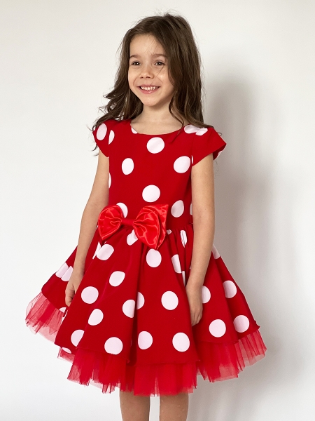 Платье для девочки нарядное БУШОН ST44, стиляги, цвет красный, принт крупный горох - Платья СТИЛЯГИ