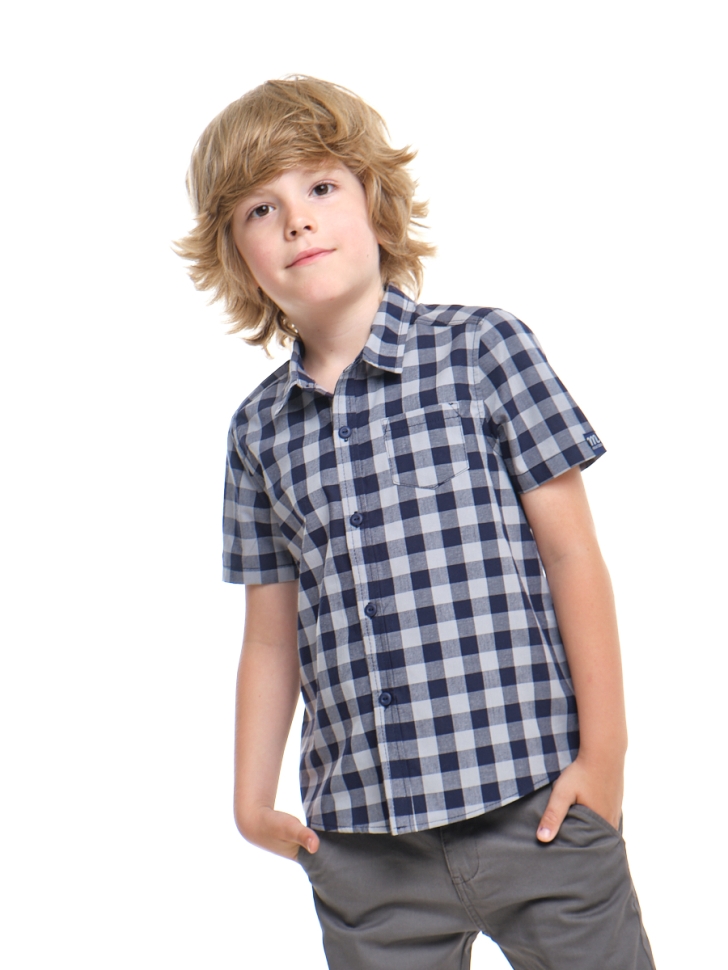 Рубашка для мальчиков Mini Maxi, модель 7903, цвет серый/синий/клетка - Рубашки с коротким рукавом