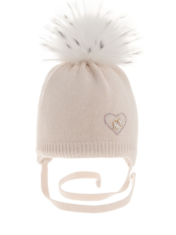 Шапка для девочки Крапинка, Миалт светло-бежевый, зима - Шапочки на завязках