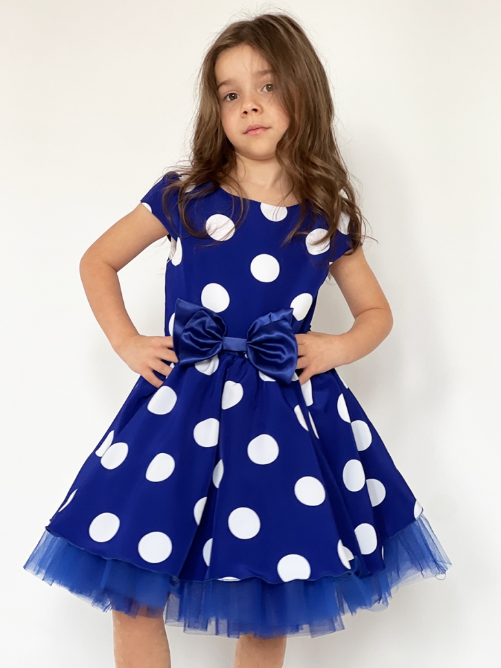 Платье для девочки нарядное БУШОН ST44, стиляги, цвет синий, принт крупный горох - Платья СТИЛЯГИ