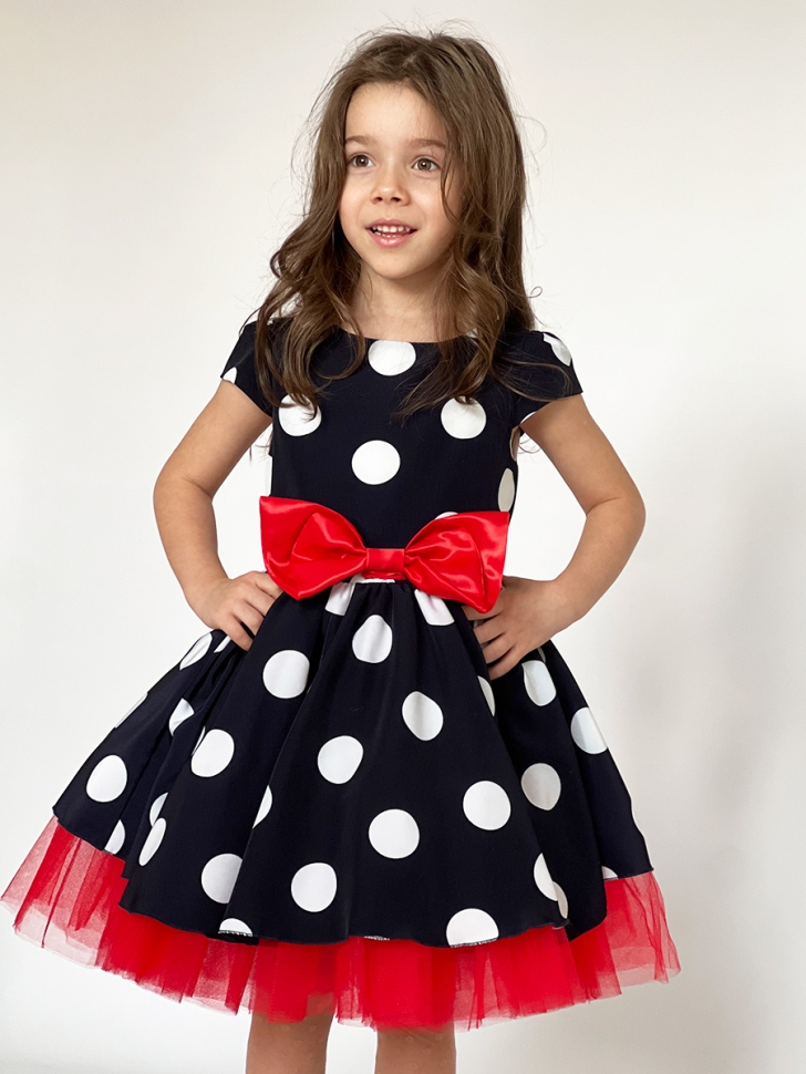 Платье для девочки нарядное БУШОН ST44, стиляги, цвет темно-синий, принт крупный горох - Платья СТИЛЯГИ