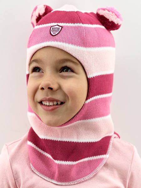 Шапка-шлем зима, скб св.розовый+брусника+яр.розовый помпон - Шапки-шлемы зима-осень