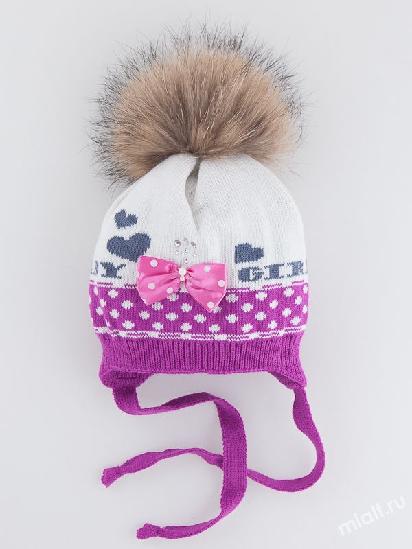 Шапка для девочки Веселушка, Миалт сиреневый/белый - Шапки с меховым помпоном