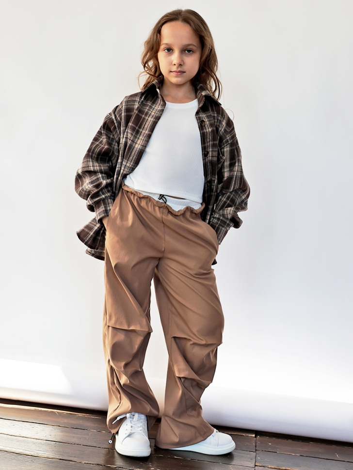 Комплект Рубашка, майка, брюки для девочки БУШОН, цвет темно-коричневый клетка - Рубашки для девочек