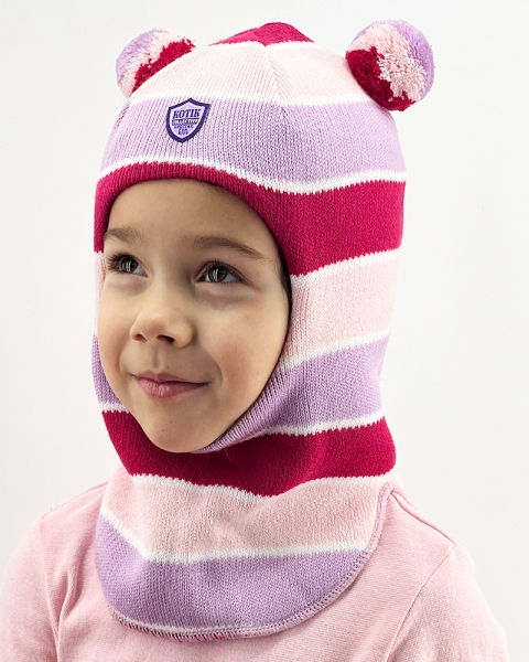 Шапка-шлем для девочки зима, скб сирень+малина+св.розовый помпон - Шапки-шлемы зима-осень