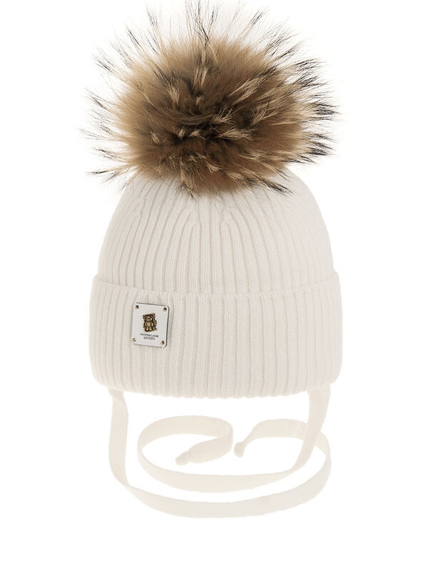 Шапка для девочки Габби, Миалт белый, зима - Шапки с меховым помпоном