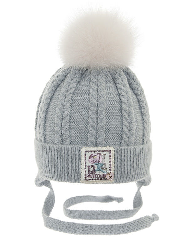 Шапка для девочки Bonne chance, Миалт светло-серый, зима - Шапки с меховым помпоном