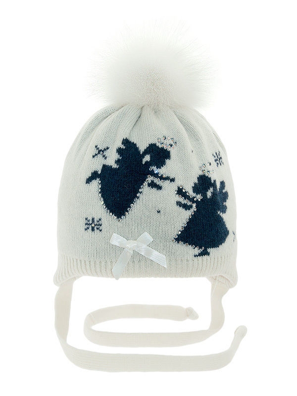 Шапка для девочки Ева+Ангелина-2, Миалт белый/синий - Шапочки на завязках
