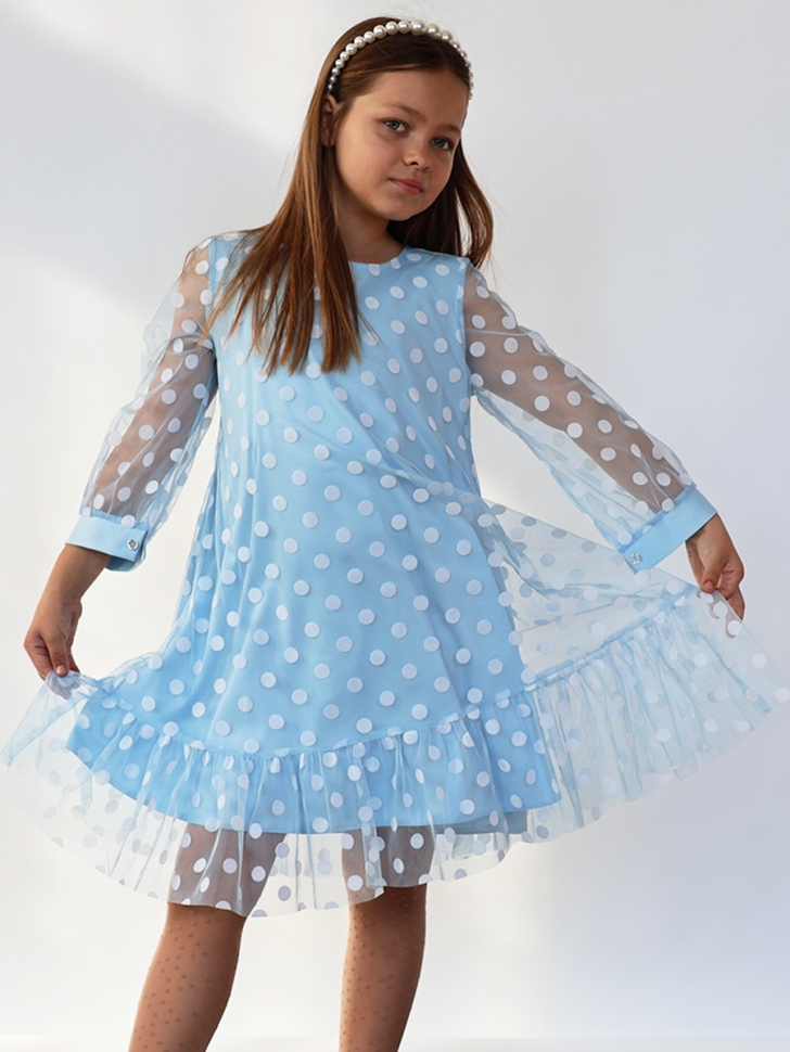 Платье для девочки нарядное БУШОН ST53, цвет голубой/белый горох - Платья коктельные / вечерние