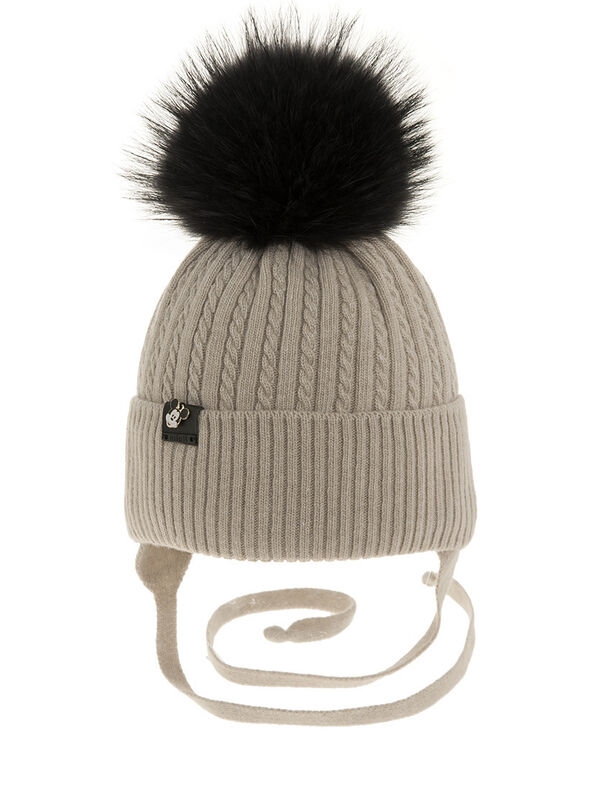 Шапка для мальчика Пончик, Миалт бежевый, зима - Шапки с меховым помпоном