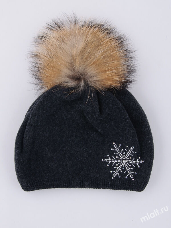 Шапка для девочки Милан, Миалт темно-серый, зима - Шапки с меховым помпоном