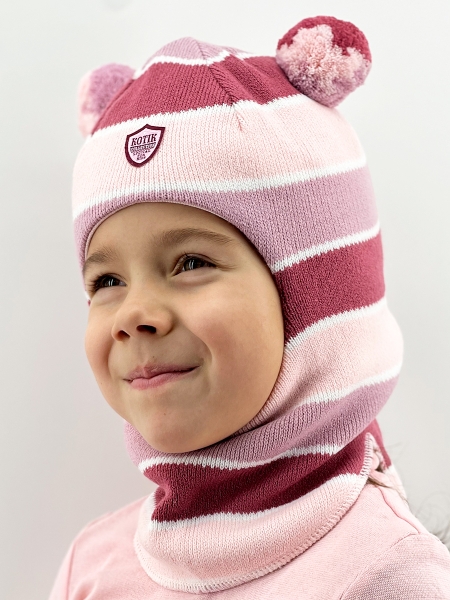 Шапка-шлем зима, скб лиловый+т.розовый+св.розовый помпон - Шапки-шлемы зима-осень