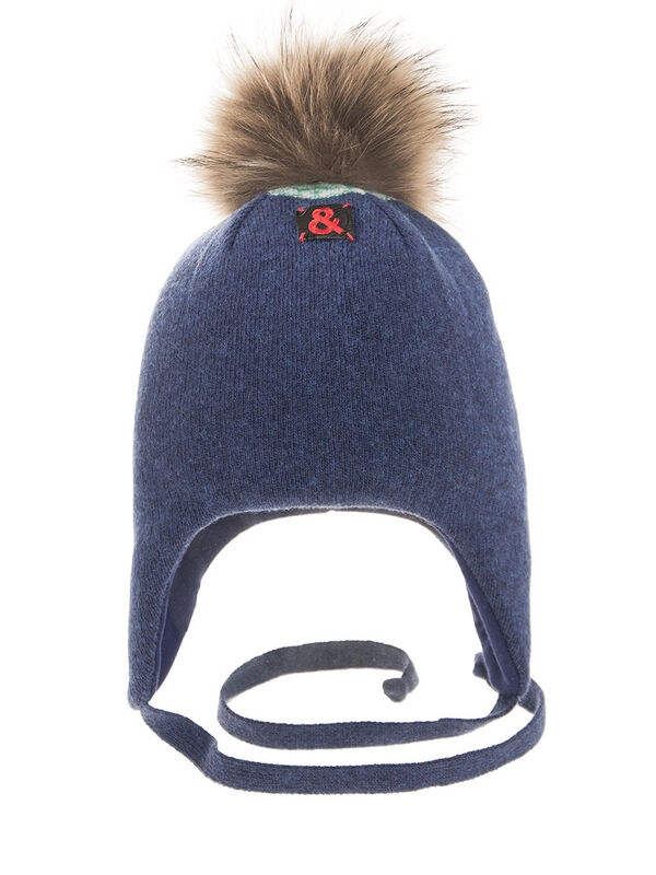 Шапка для мальчика Прометей, Миалт синий/меланж, зима - С меховым помпоном