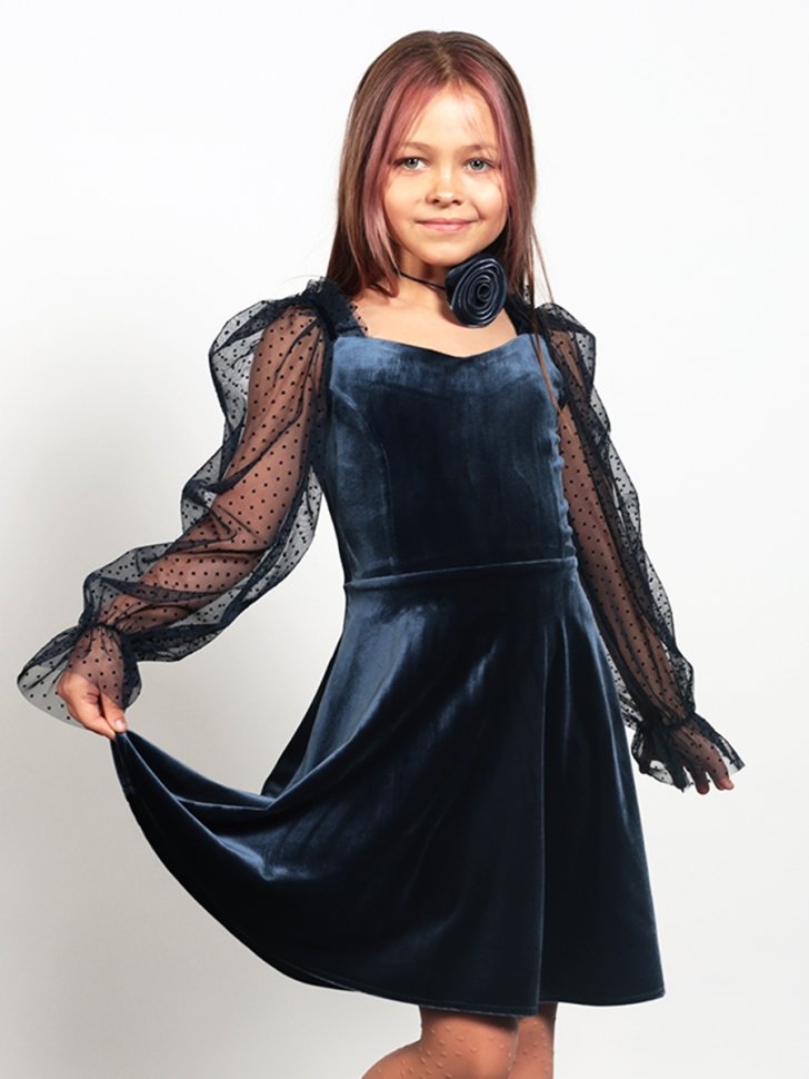 Платье велюровое нарядное БУШОН ST632, цвет темно-синий choker - Платья коктельные / вечерние