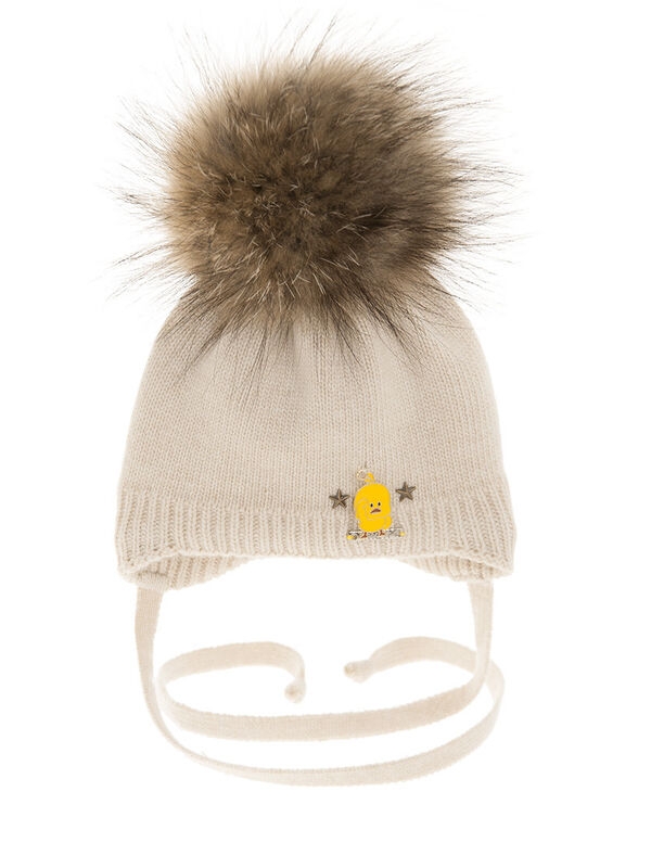 Шапка для мальчика Франтик, Миалт светло-бежевый, зима - С меховым помпоном