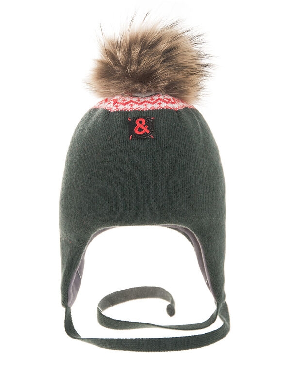 Шапка для мальчика Прометей, Миалт темно-зеленый, зима - С меховым помпоном