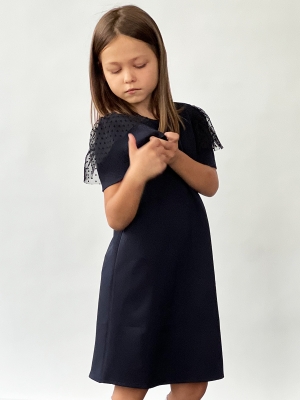Платье для девочки нарядное БУШОН ST5410, цвет темно-синий горох синий