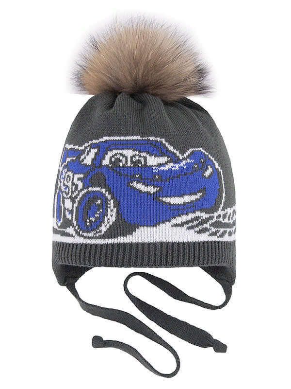 Шапка для мальчика Тачка, Миалт тем.серый-яркосиний - С меховым помпоном