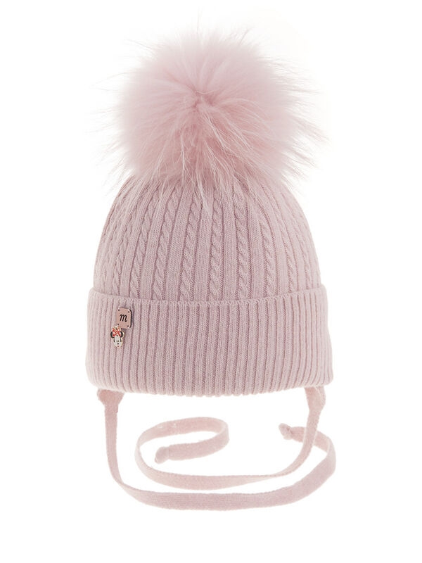 Шапка для девочки Рулетик, Миалт пудровый, зима - Шапки с меховым помпоном