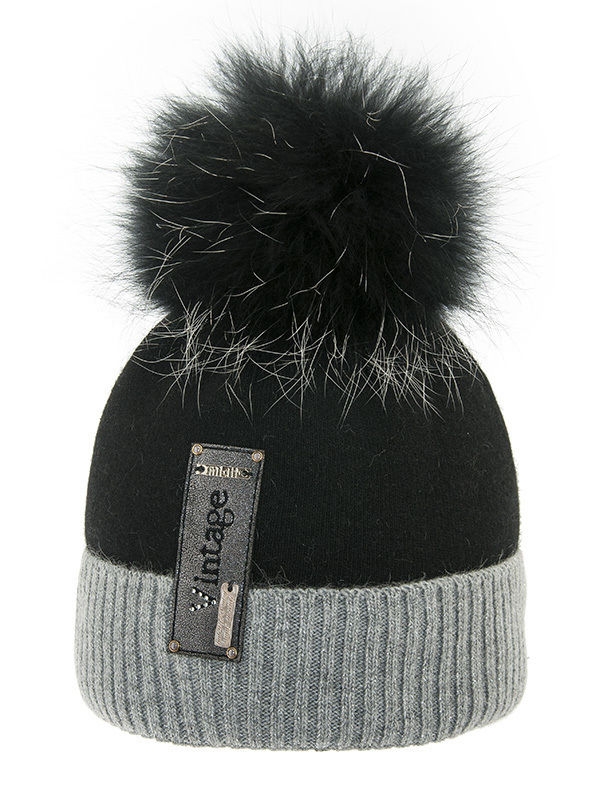 Шапка для девочки Vintage, Миалт серый/меланж/черный - Шапки с меховым помпоном