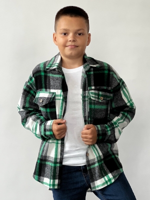 Рубашка для мальчика байковая БУШОН, цвет зеленый/серый/белый клетка