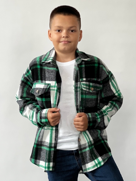 Рубашка для мальчика байковая БУШОН, цвет зеленый/серый/белый клетка - Рубашки с длинным рукавом