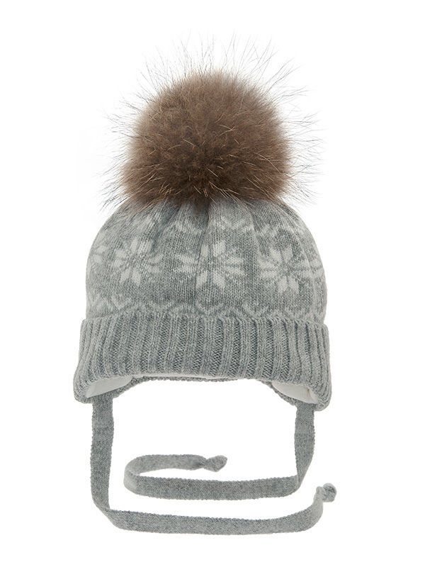Шапка для мальчика Данька, Миалт серый/белый - С меховым помпоном