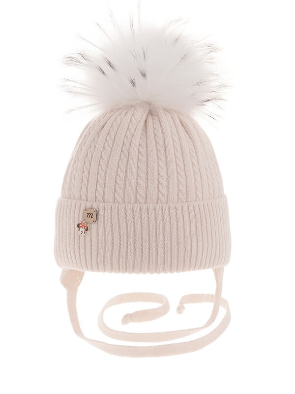 Шапка для девочки Рулетик, Миалт светло-бежевый, зима - Шапки с меховым помпоном