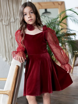 Платье велюровое нарядное БУШОН ST632, цвет бордовый choker