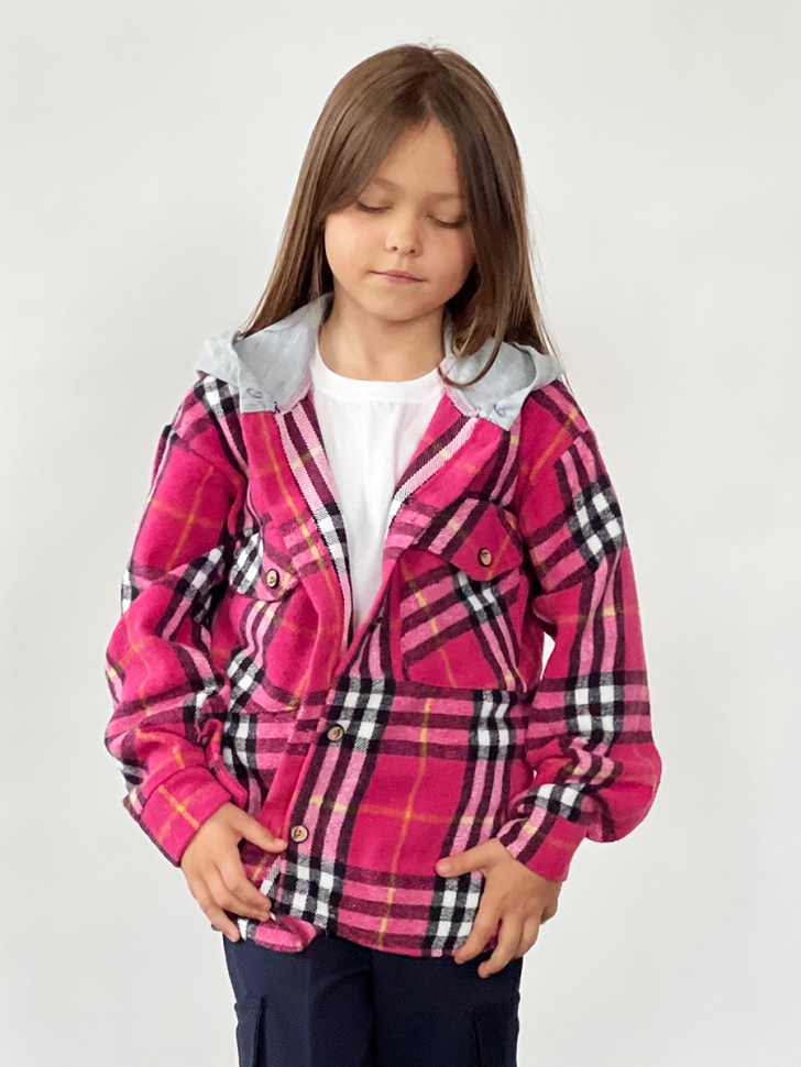 Рубашка для девочки с капюшоном байка БУШОН, цвет фуксия клетка - Рубашки для девочек