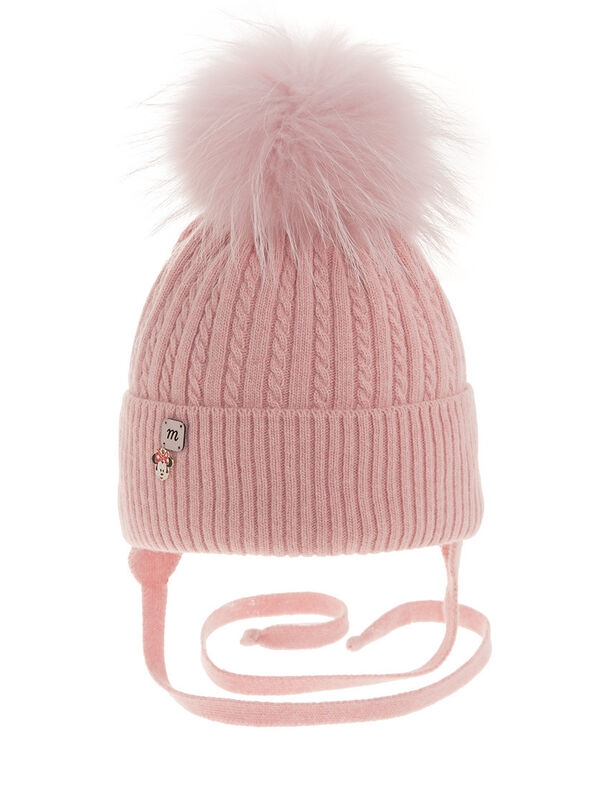 Шапка для девочки Рулетик, Миалт светло-коралловый, зима - Шапки с меховым помпоном