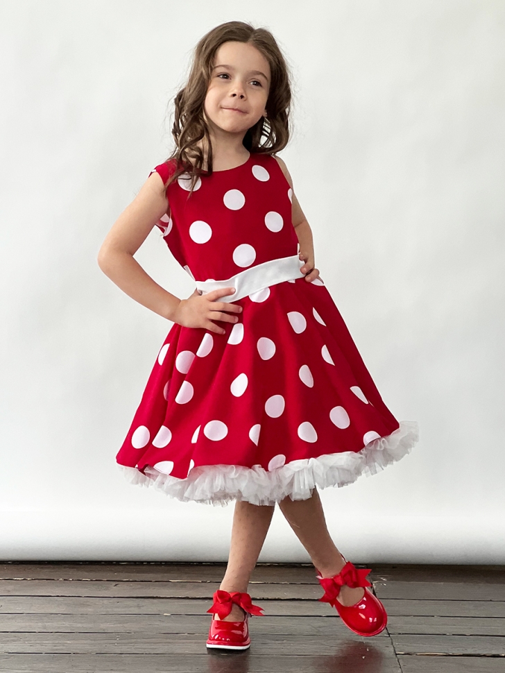 Платье для девочки нарядное БУШОН ST20, стиляги цвет малиновый, белый пояс, принт белый горох - Платья СТИЛЯГИ