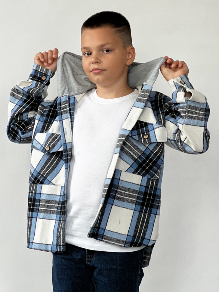 Рубашка для мальчика байковая с капюшоном БУШОН, цвет синий/серый/белый клетка - Рубашки с длинным рукавом