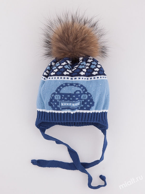 Шапка для мальчика Автопробег, Миалт синий/голубой - С меховым помпоном