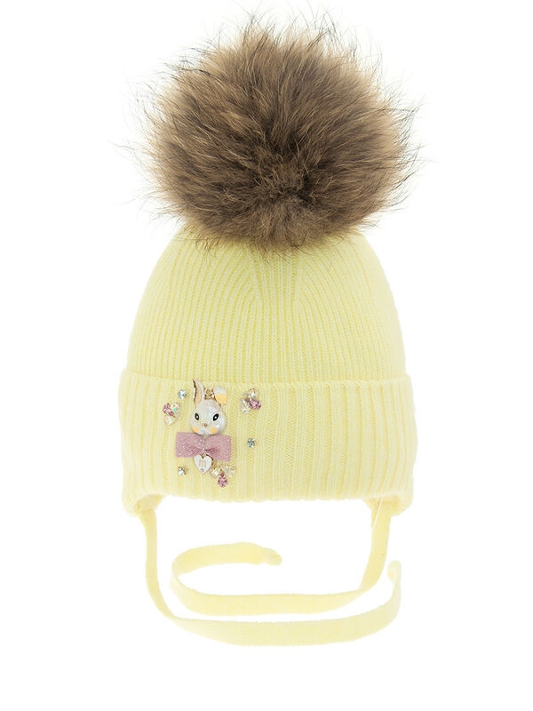 Шапка для девочки Бубенчик, Миалт бледно-желтый, зима - Шапки с меховым помпоном