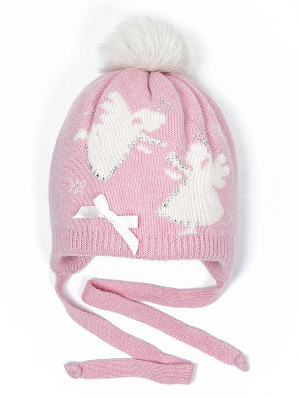 Шапка для девочки Ева+Ангелина-2, Миалт розовый/белый - Шапки с меховым помпоном