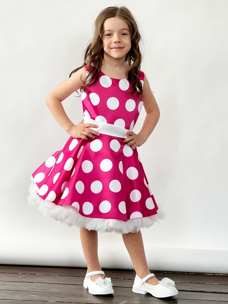 Платье для девочки нарядное БУШОН ST20, стиляги цвет светло-розовый, белый пояс, принт белый горох - Платья СТИЛЯГИ