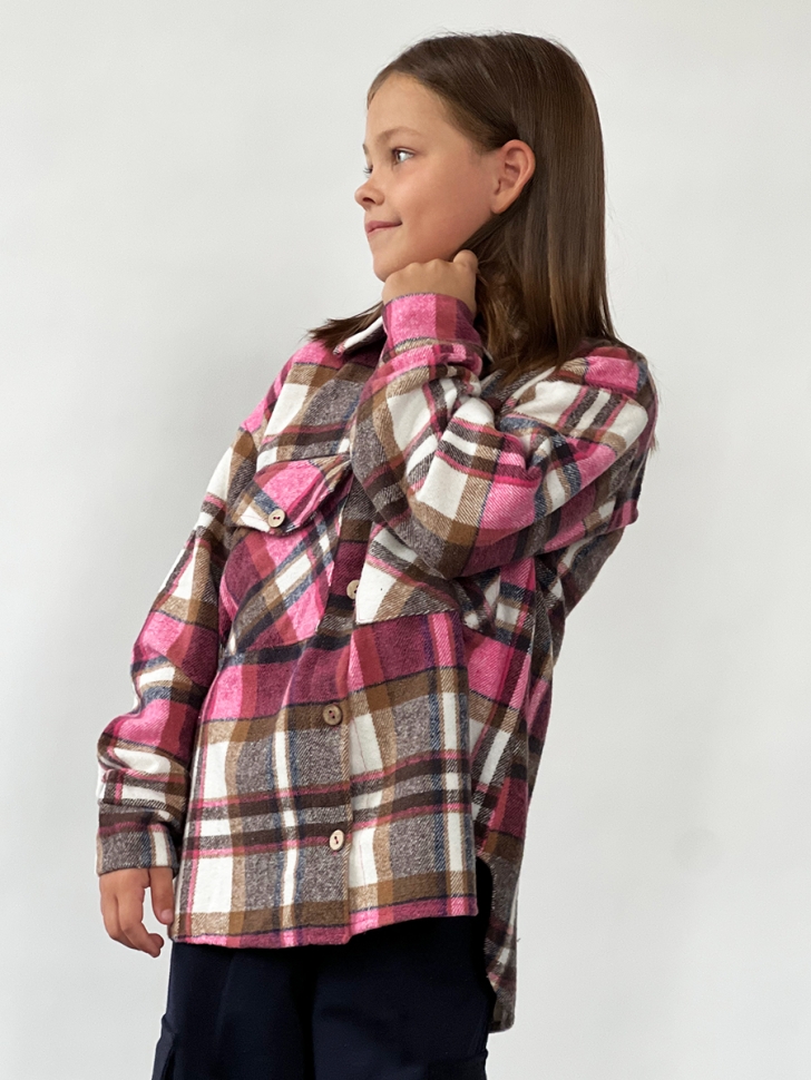 Рубашка для девочки байка БУШОН, цвет фуксия/серый/коричневый клетка - Рубашки для девочек
