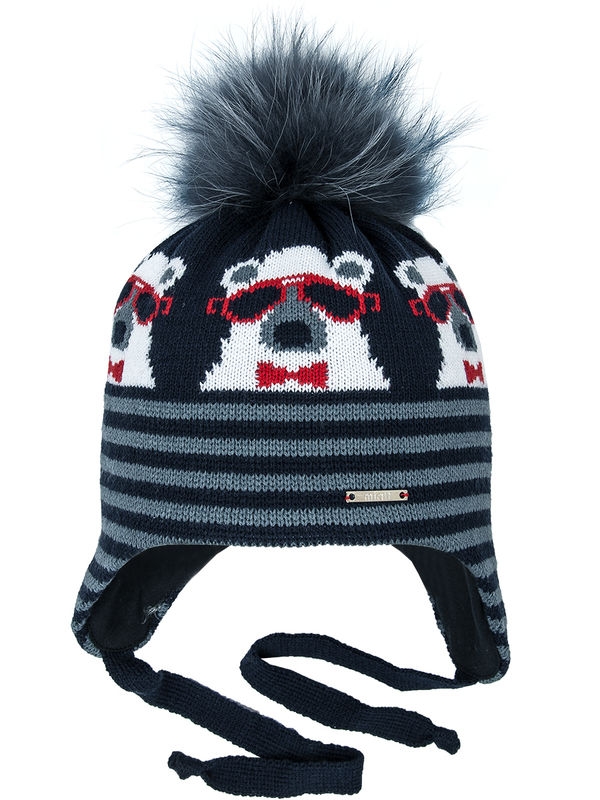 Шапка для мальчика Gentlemens club, Миалт серый/красный, зима - С меховым помпоном