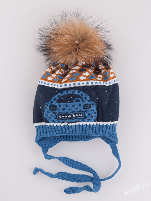 Шапка для мальчика Автопробег, Миалт синий/темно-синий - С меховым помпоном