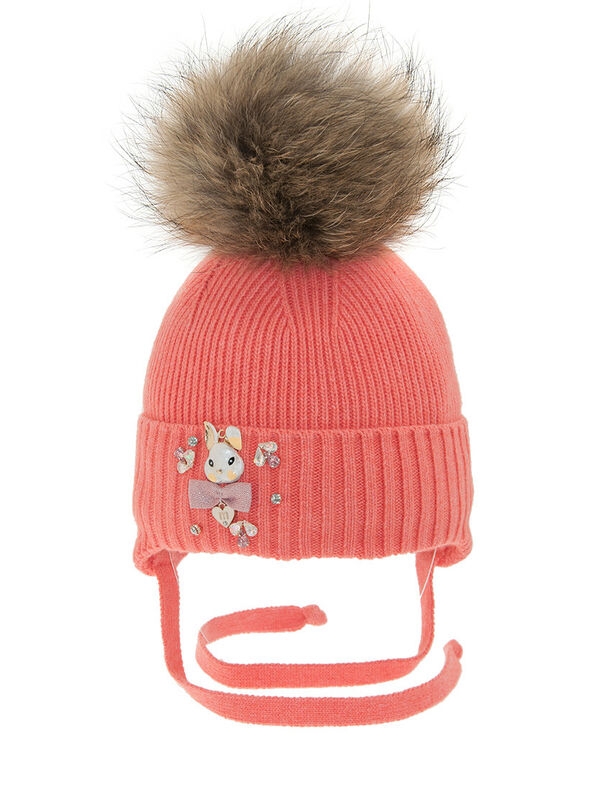 Шапка для девочки Бубенчик, Миалт коралловый, зима - Шапки с меховым помпоном