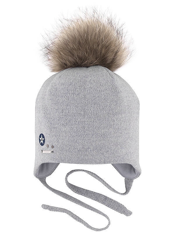 Шапка для мальчика Шалун, Миалт серый, зима - С меховым помпоном