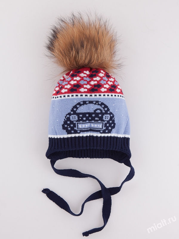 Шапка для мальчика Автопробег, Миалт темно-синий/светло-голубой - С меховым помпоном