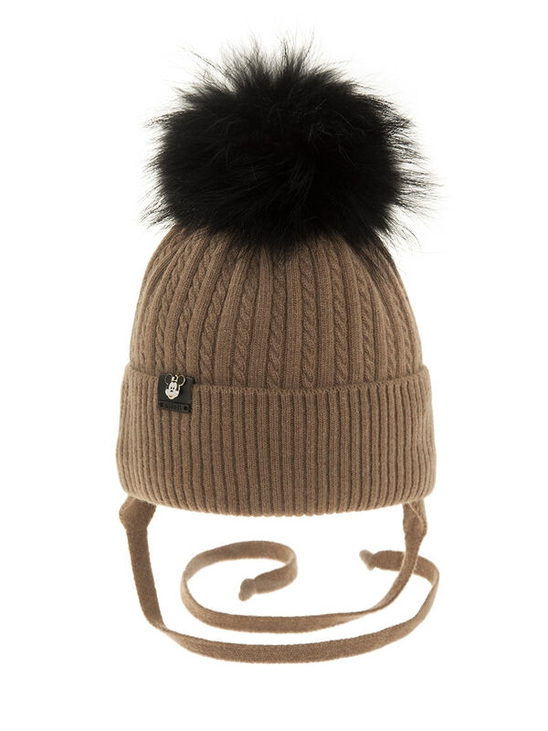 Шапка для мальчика Пончик, Миалт светло-коричневый, зима - Шапки с меховым помпоном